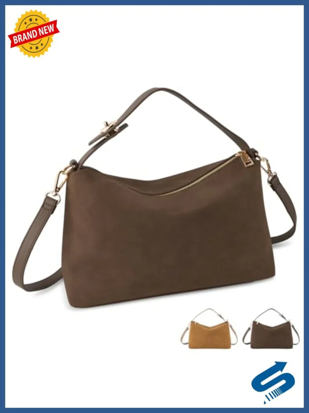 Brown Suede Leather Hobo Tote Crossbody Bag with Zipper